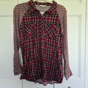 Small Miss Me flannel knit Red black plaid long sleeve shirt country